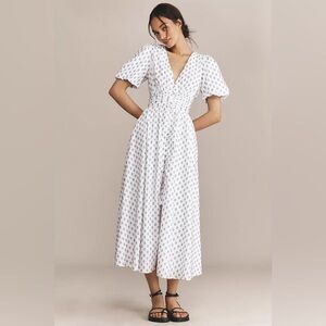 Anthropologie White Maxi Dress with Navy Micro Floral